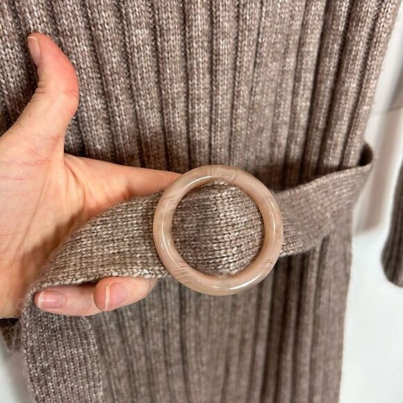Tahari Midi Sweater Dress Small Brown Tan Ribbed Knit Long Sleeve Belted Fitted - Picture 5 of 16